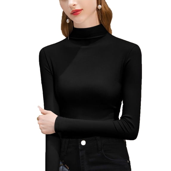 Zwiiyzr Womens Solid Color Ribbed Semi Turtleneck Long Sleeve Thermal Shirt Slim Fit Dralon Velvet Base Layer For Layering Underwear All Season Black