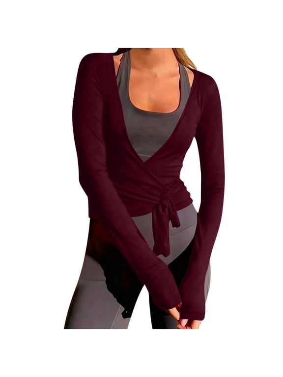 Womens Solid Color Tie Front Wrap Cardigan Long Sleeve Open Front Kimono Soft Stretchy Fabric Yoga Ballet Cover Up Casual Wear Chic Burgundy