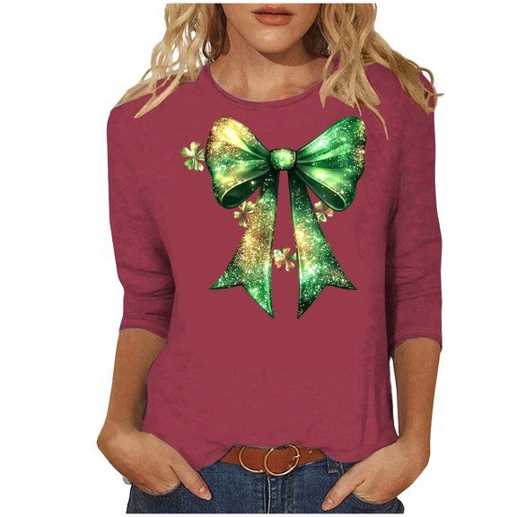 Zwiiyzr Womens St Patricks Day Clover Print Pullover 3/4 Sleeve Casual T-Shirt Shamrock Green Theme Soft Comfortable Festival Party Wear Top Red