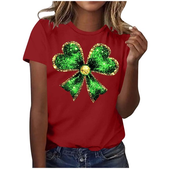 Zwiiyzr Womens St Patricks Day Clover Print Pullover Short Sleeve Casual T-Shirt Shamrock Green Theme Soft Comfortable Festival Party Wear Top Red