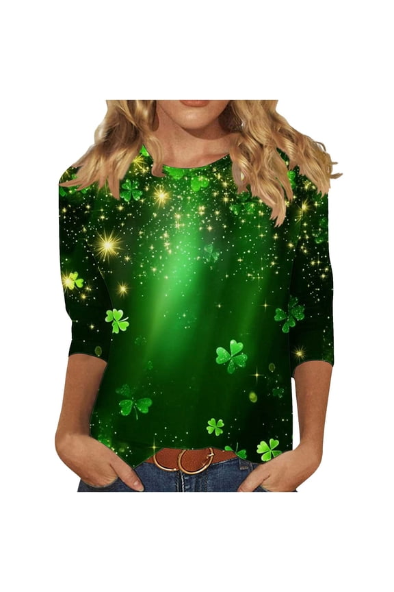 Womens St Patricks Day Shamrock Print T-Shirt 3/4 Sleeve Round Neck Loose Fit Casual Top Soft Comfortable Festival Pub Parade Wear Green