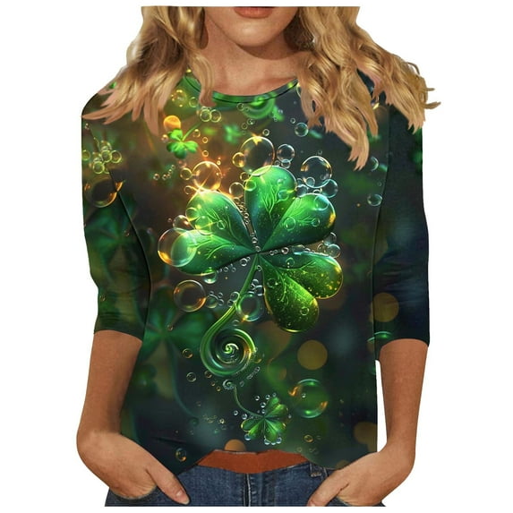 Zwiiyzr Womens Three Quarter Sleeve T-Shirt Lucky Clover Print Green Theme Round Neck Casual Top Soft Comfortable Relaxed Fit Spring Green