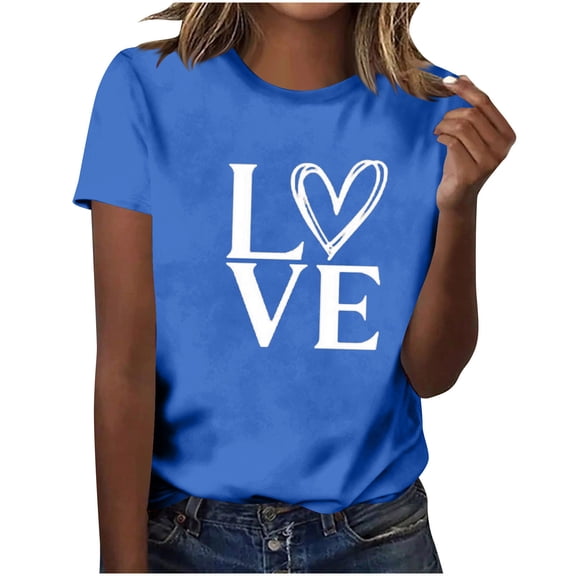 Zwiiyzr Womens Valentines Day Heart Print Tshirt Short Sleeve Round Neck Casual Tee Soft Cotton Romantic Gift For Her Cute Love Theme Top Blue