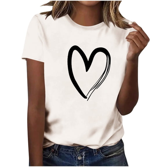 Zwiiyzr Womens Valentines Day Heart Print Tshirt Short Sleeve Round Neck Casual Tee Soft Cotton Romantic Gift For Her Cute Love Theme Top White
