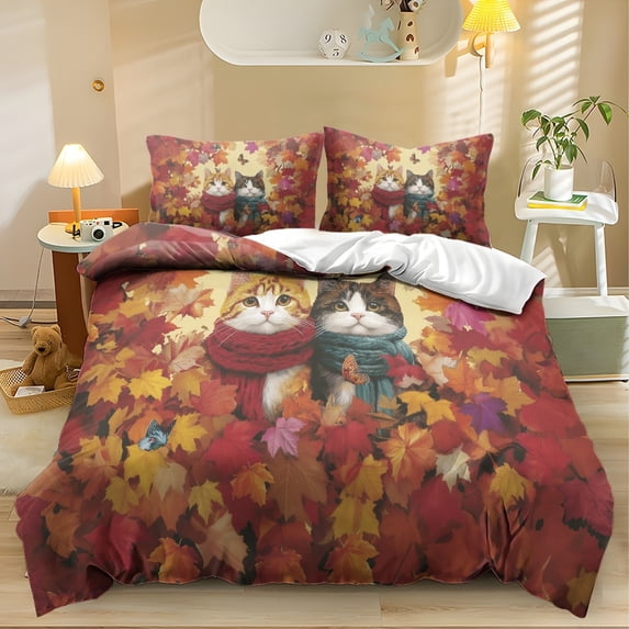 ZWPINITUP Autumn Cat Maple Leaf 3-Piece Soft Bedding Comforter Sets ...