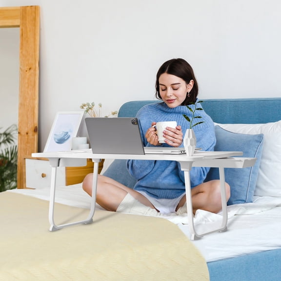 Zxareky Laptop Bed Tray Table,Folding Couch Laptop Lap Desk with Storage Drawer, Cup Holder & Tablet Slot