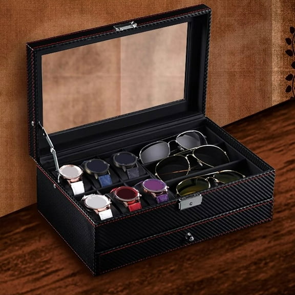 Zxareky Watch Box Sunglasses Organizer ,Multiple Compartments Window Design Watch Holder Stand Storage Case with Drawer