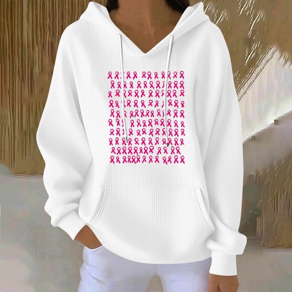 Zxlsdmn Breast Cancer Ribbed Knit Hoodie for Women Breast Cancer Awareness Pink Ribbon Print Pullover Tops Loose Long Sleeve Drawstring Hooded Sweatshirt with Pocket L