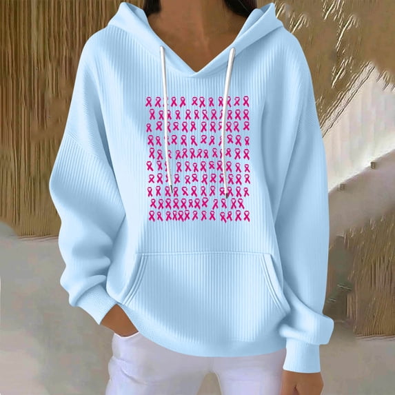 Zxlsdmn Breast Cancer Ribbed Knit Hoodie for Women Breast Cancer Awareness Pink Ribbon Print Pullover Tops Loose Long Sleeve Drawstring Hooded Sweatshirt with Pocket M