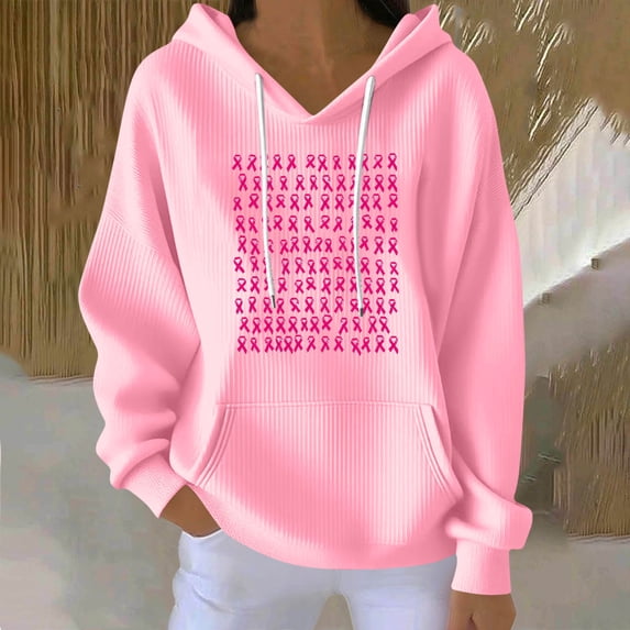 Zxlsdmn Breast Cancer Ribbed Knit Hoodie for Women Breast Cancer Awareness Pink Ribbon Print Pullover Tops Loose Long Sleeve Drawstring Hooded Sweatshirt with Pocket M