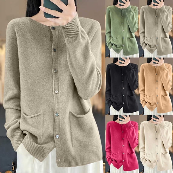 Zxlsdmn Cardigan Sweater for Women Comfy Crew Neck Button Down Cardigans Casual Long Raglan Sleeve Open Front Cardigans Fashion Fall Winter Clothes with Pocket L