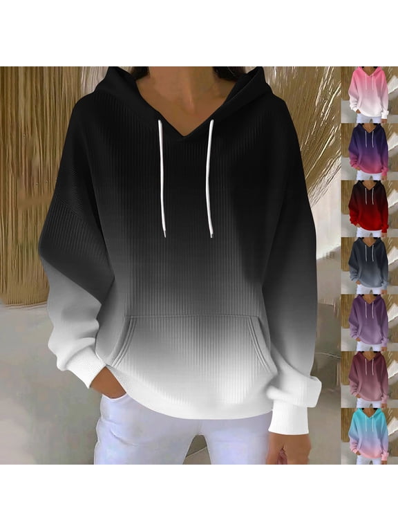 Gradient Hoodie for Women Casual Long Sleeve Drawstring Pullover Tops with Pocket Fall Winter Warm Hoodies Comfy Vocation Going Out Tops Black XL