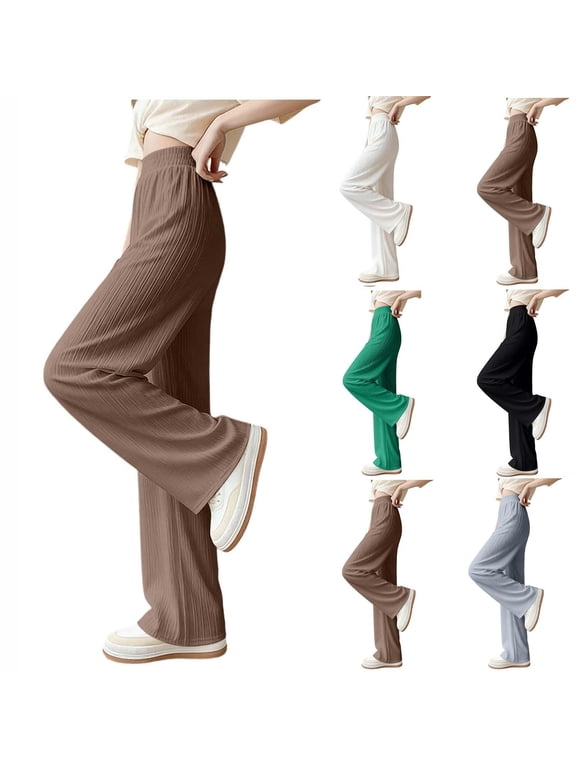 Women's Straight Leg Pants Solid Color Ice Silk Trousers Elastic High Waist Wide Leg Pant Loose Lightweight Slacks Gray S