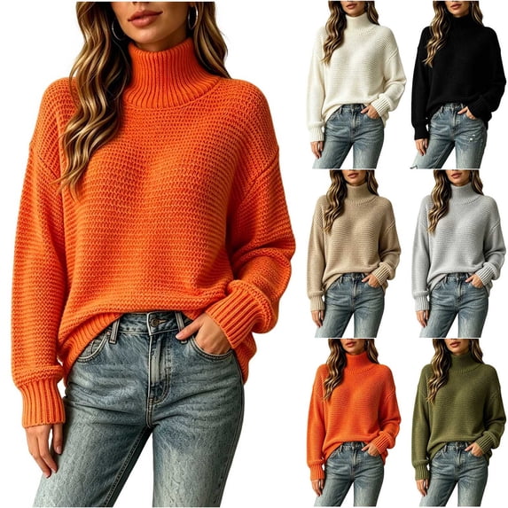 Zxlsdmn Women's Turtleneck Sweater Loose Casual Long Sleeve Knit Sweaters Fashion Drop Shoulder Solid Color Pullover Sweater Fall Winter Outfit M