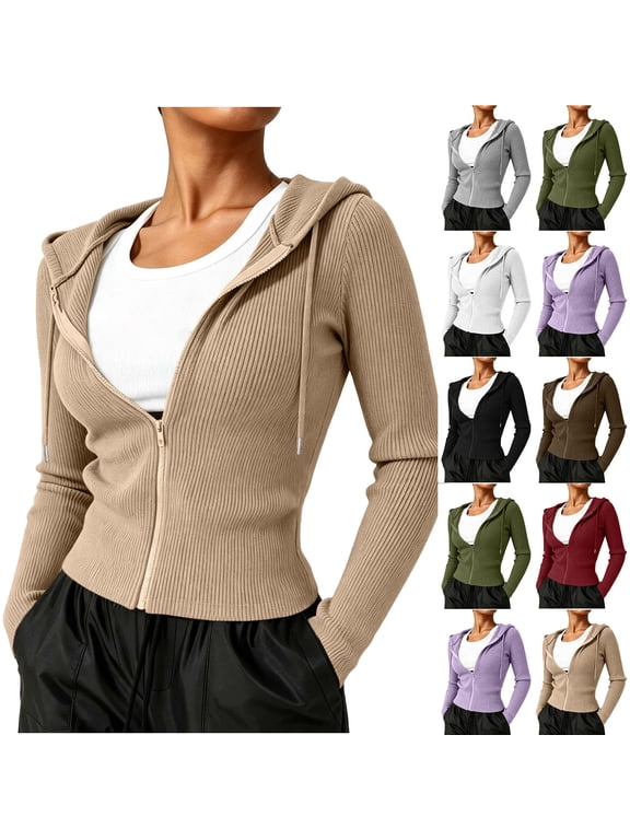 Women's Zip Up Hooded Cardigan Trendy Ribbed Knit Cardigans Slim Fit Long Sleeve Sweater Casual Drawstring Jacket with Pocket S