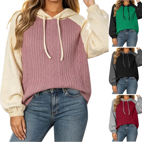 Zxlsdmn Womens Hoodie Fashion Raglan Long Sleeve Pullover Tops Loose Casual Color Block Drawstring Sweatshirts Comfy Fall Daily Hooded Sweatshirt Pink S