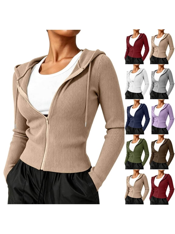 Zip Up Hooded Cardigan for Women Comfy Ribbed Knit Cardigans Casual Slim Fit Sweaters Drawstring Long Sleeve Solid Color Hoodie Jacket with Pocket L