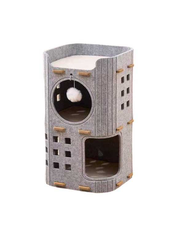 Cat Bed Cave Cat House Floor Standing Hideaway Cozy Hiding Hut with Hanging Ball Gray Double Layer
