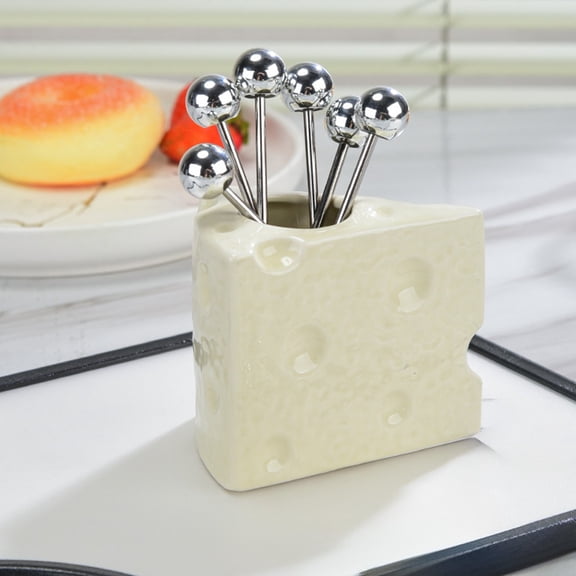 Zxsyw Originality Cheese Ceramic Storage Jar Cute Stainless Steel Fruit fork Set Beaded fork Ceramic Base