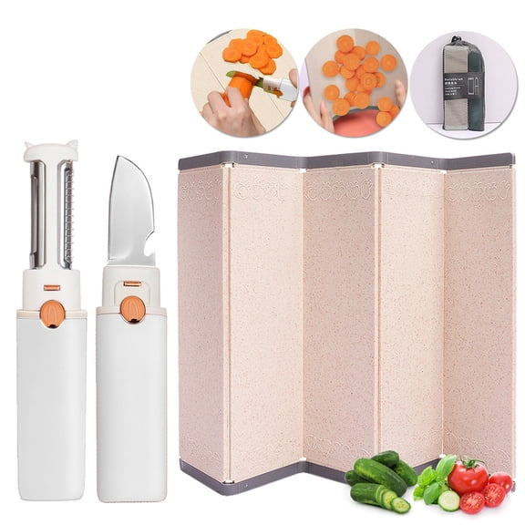 Zxsyw Portable Folding Chopping Board, Camping Cutting Board with Fruit Knife and Paring Knife Set, Lightweight Straw Chopping Board for Outdoor Cooking