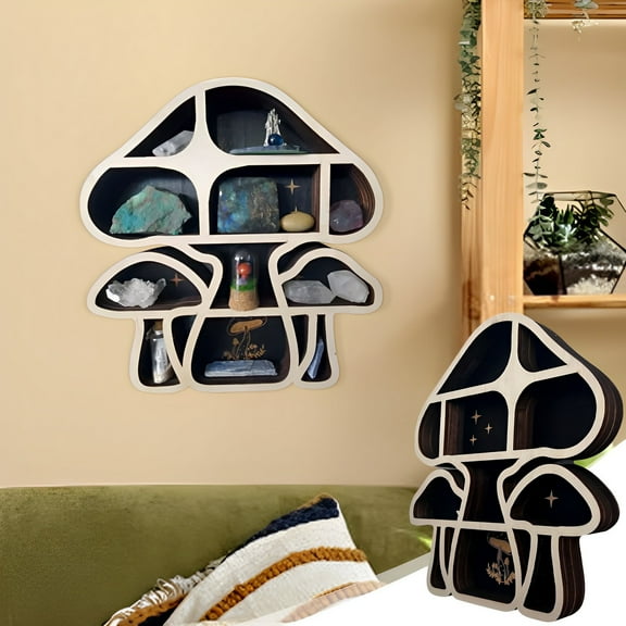 Zxsyw Wood Floating Shelves for Wall, Cute Mushroom Shelf for Crystals, Rustic Wall Decor Organizer, Unique Display for Stones and Plants, Decorative Home Storage Solutions