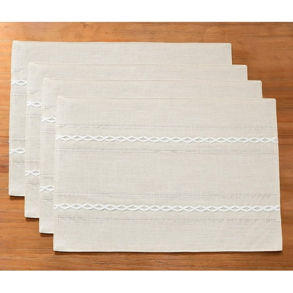 ZyYun Cotton Linen Placemats, Set of 4 Rustic Hemstitch Table Mats, 12" x 18", Ivory