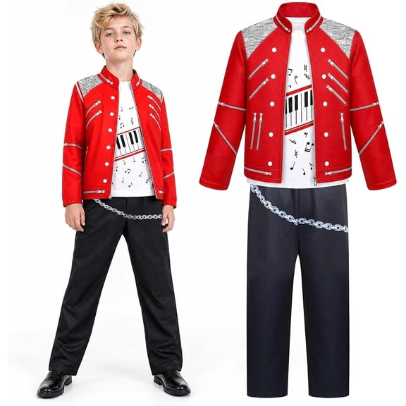Zydvens B'oy's 3PCS Dance Star Cosplay Costume - Boys 80s 90s Pop King Red Zipper Jacket Piano T-Shirt Black Pants Halloween Stage Performance Cosplay Outfit