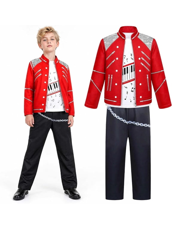 B'oy's 3PCS Dance Star Cosplay Costume - Boys 80s 90s Pop King Red Zipper Jacket Piano T-Shirt Black Pants Halloween Stage Performance Cosplay Outfit