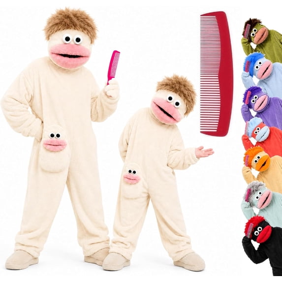 Zydvens Big Mouth Monster Adult Onesie with Large Comb Prop - Big Mouth Puppet Cosplay Soft Plush Loungewear Pajamas - Oversized Fleece Sleepwear Costume Jumpsuit for Parent & Little One