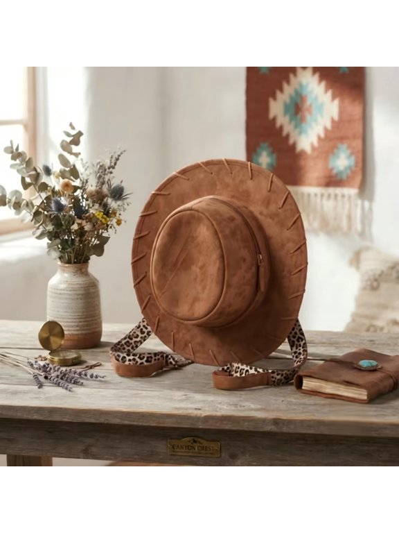 Cowgirl Hat Shaped Backpack with Leopard Strap - Faux Suede Western Cowboy Hat Daypack Purse Country Music Festival Concert Accessories