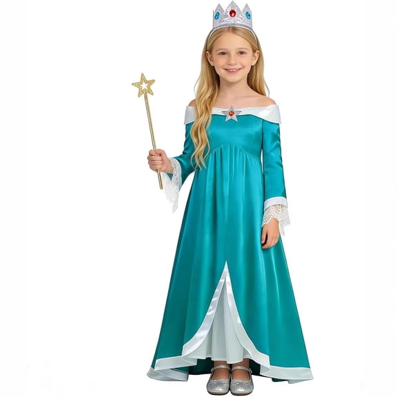 Zydvens G*irls Princess Cosplay Dress - Emerald Green Satin Off Shoulder Ball Gown - Space Galactic Character Costume with Tiara Jewelry Set