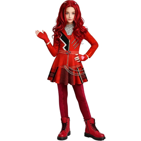 Zydvens G*irls Red Princess Costume - 3 Pcs Red Heart Outfit with Red Wig Printed Dress Gloves Movie Character Birthday Halloween Cosplay Party Dress Up Outfits(Includes a wig)