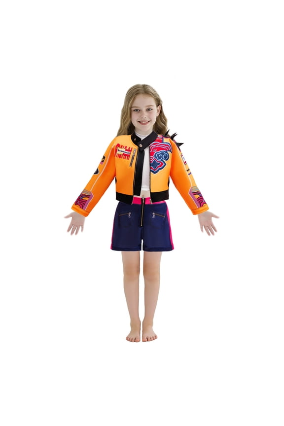 Halloween Anime Cosplay Costume - Orange Crop Jacket and Shorts 3-Piece Set - Edgy Singer Stage Performance Dance Outfit for Halloween Cosplay Dress Up
