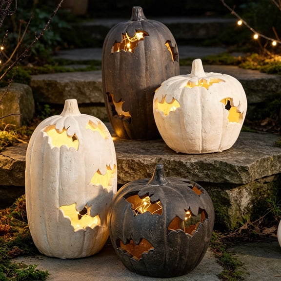 Zydvens Halloween Terracotta-Effect Bat Cutout Pumpkin - LED Light Up Resin Pumpkin Lantern with Bat Cutout Design - Outdoor Porch Steps Fireplace Mantel Table Centerpiece