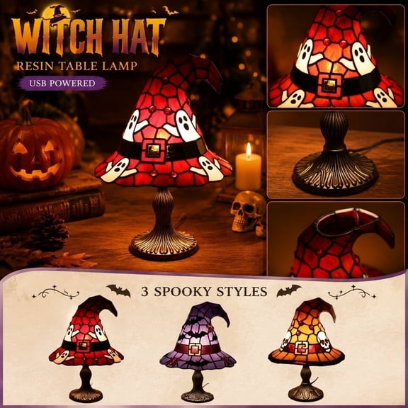 Zydvens Halloween Witch Hat Lamp - USB Powered Stained Glass Style Halloween Resin Table Lamp - Spooky Ghost Bat Skull Night Light for Bedroom Dark Academia Whimsigoth Room Decor