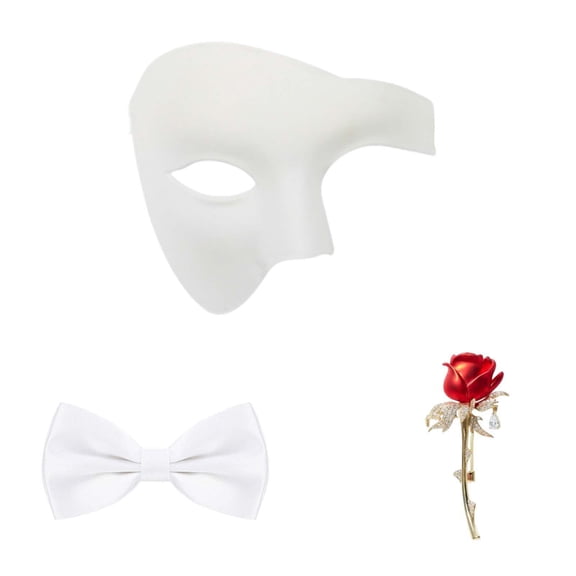 Zydvens Phantom of the Opera Cosplay Mask Set with Bow Tie Rose Brooch Halloween Masquerade Half Face Mask for Men Adults Costume Cosplay Party Accessories 1Pack