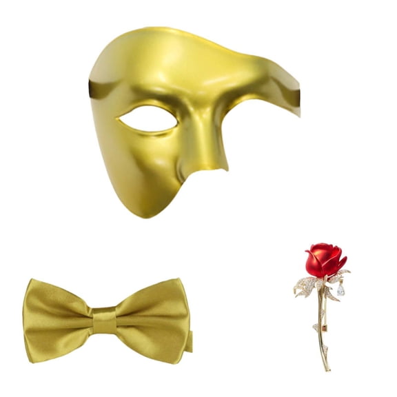 Zydvens Phantom of the Opera Cosplay Mask Set with Bow Tie Rose Brooch Halloween Masquerade Half Face Mask for Men Adults Costume Cosplay Party Accessories 1Pack