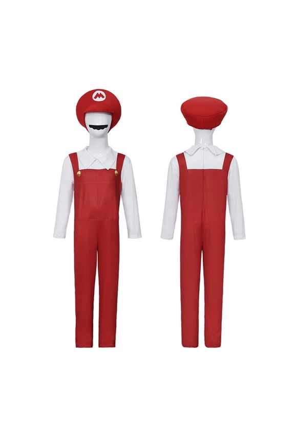 Plumber Brothers Cosplay Costume - Red & Green Fake Two Piece Overalls Jumpsuit - Video Game Character Dress Up with Hat Mustache Set