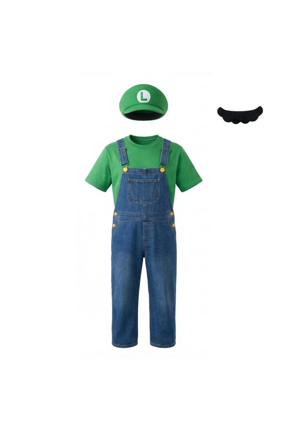 Plumber Cosplay Costume - Red Green Short Sleeve T-Shirt and Blue Denim Overalls Set - Video Game Character Dress Up with Hat Mustache Gloves