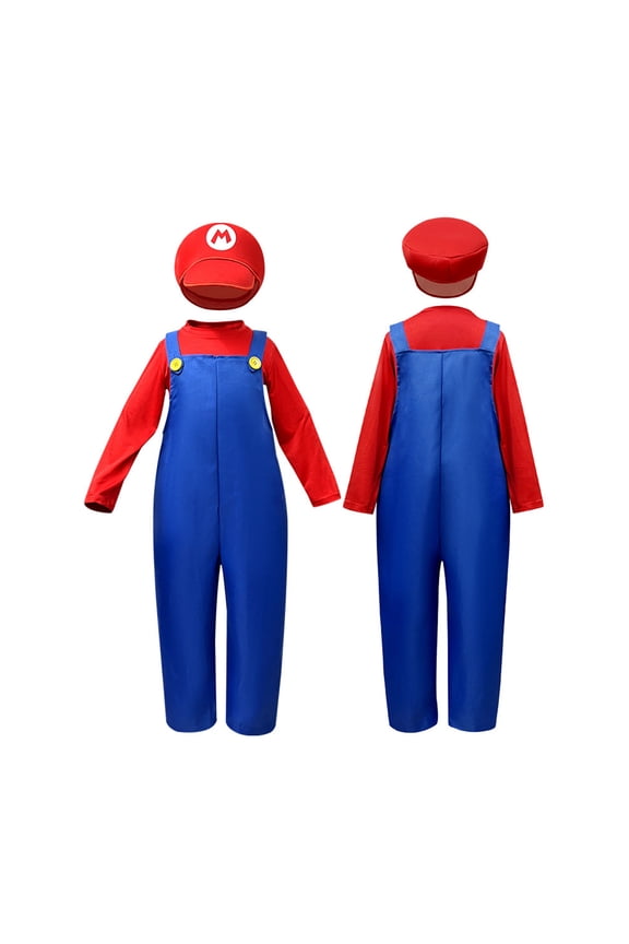 Plumber Costume - Red Green Long Sleeve Overalls Jumpsuit - Video Game Character Dress Up with Hat Mustache Gloves Set