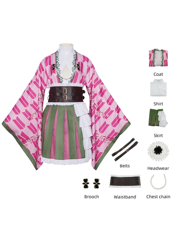 Women Anime Cosplay Costume - 8Pcs Set Pink Arrow Printed Kimono Coat Shirt Skirt Belt Headwear Set for Halloween Cosplay Party Birthday Party & Fancy Dress Up Sizes XS-XXXL