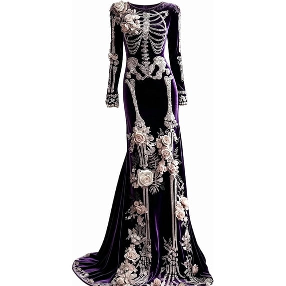 Zydvens Women Gothic Skeleton Maxi Dress Costume - Vintage Bone Floral Print Long Sleeve Evening Gown Elegant Halloween Costume Party Floor Length Ball Dress for Halloween Party