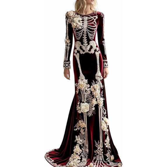 Zydvens Women Gothic Skeleton Maxi Dress Costume - Vintage Bone Floral Print Long Sleeve Evening Gown Elegant Halloween Costume Party Floor Length Ball Dress for Halloween Party