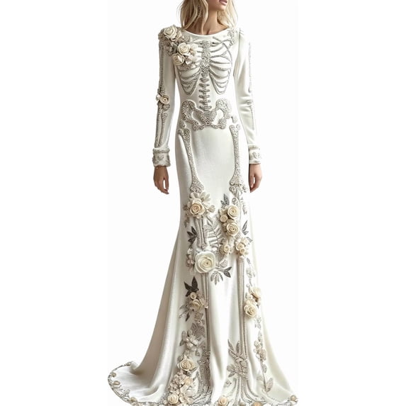 Zydvens Women Gothic Skeleton Maxi Dress Costume - Vintage Bone Floral Print Long Sleeve Evening Gown Elegant Halloween Costume Party Floor Length Ball Dress for Halloween Party
