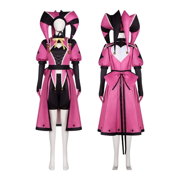 Zydvens Women Pink Black Jester Cosplay Costume - 5PCS Jester Hat Swallowtail Dress Shorts Bowknot Gloves Set for Halloween Cosplay Birthday Party & Fancy Dress Up Sizes S-XXXL