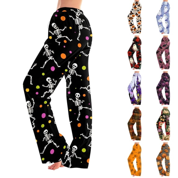 Zydvens Women's Halloween Pajama Pants - High Waisted Wide Leg Lounge Pants with Pockets - Elastic Drawstring Soft Sleepwear PJ Bottoms - Spooky Skeleton Ghost Pumpkin Printed Lounge Underwear S-3XL