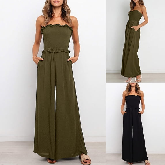 ZyeKqe 1 Piece Jumpsuits for Women Strapless Tube Tops Rompers Wide Leg Pants Summer Outfits