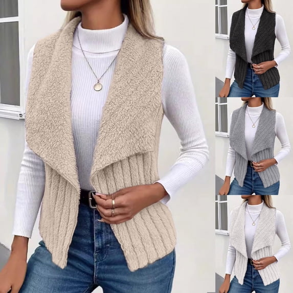 ZyeKqe Womens Fleece Vests Fall Winter Sleeveless Solid Coat Warm Lapel Collar Outerwear Cardigans
