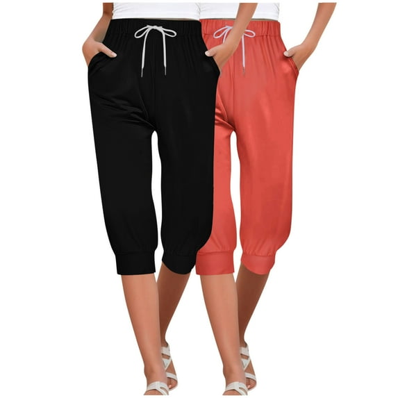 ZyeKqe 2 Pack Sweatpants Capris for Women High Waisted Drawstring Joggers Summer Cinch Bottom Pants
