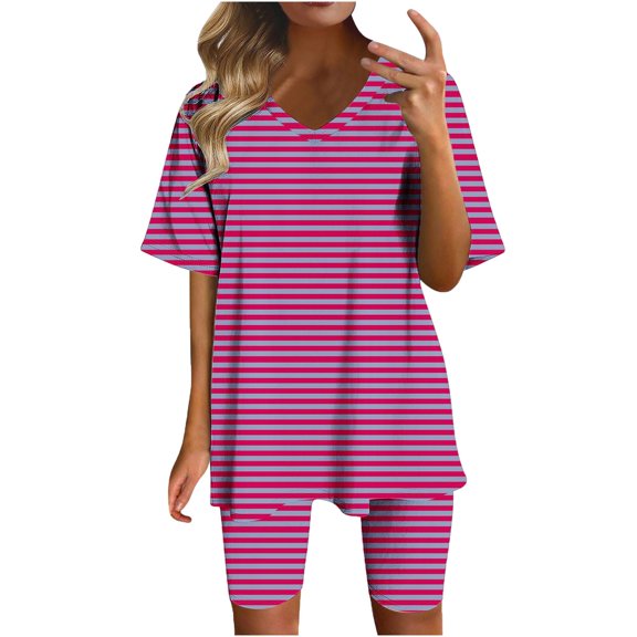 ZyeKqe 2 Piece Lounge Set Womens Striped Outfits Short Sleeve V Neck T-Shirts High Waisted Biker Shorts